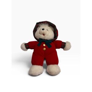 Vintage 1993 Kmart Christmas Teddy Bear White Plush Red Velvet Hooded Romper